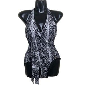 Vince Camuto Women's Snake Print  One Piece Swimsuit  Size 10 black V Neck  Wrap